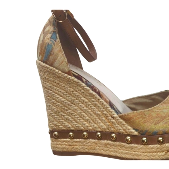 Aldo platform natural fabric print White Lotus tan wedge espadrilles Sz. 7.5 - Picture 4 of 11